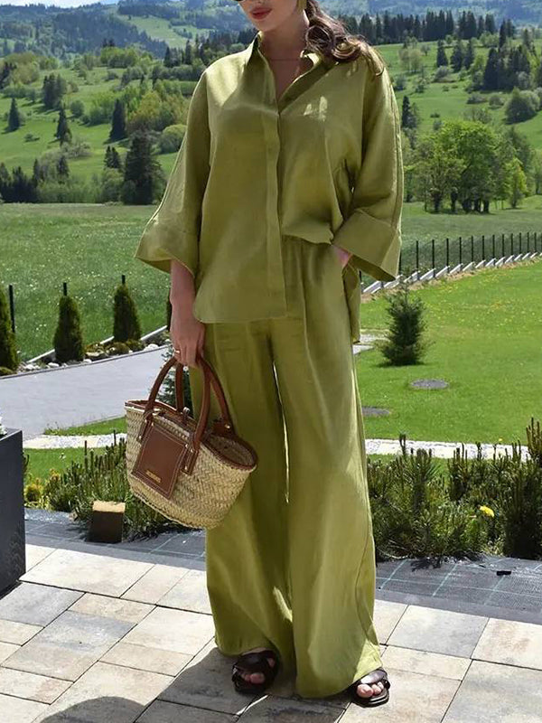 Loose Solid Color Split-Joint Split-Side Lapel Blouse + Elasticity Pleated Pants Trousers Two Pieces Set