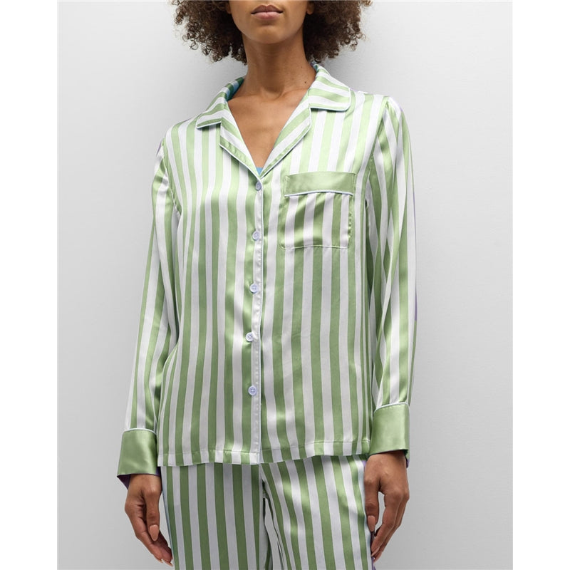 Women Fashion Casual Stripe Lapel Long Sleeve Top Loose Pants Pajamas Two-Piece Set