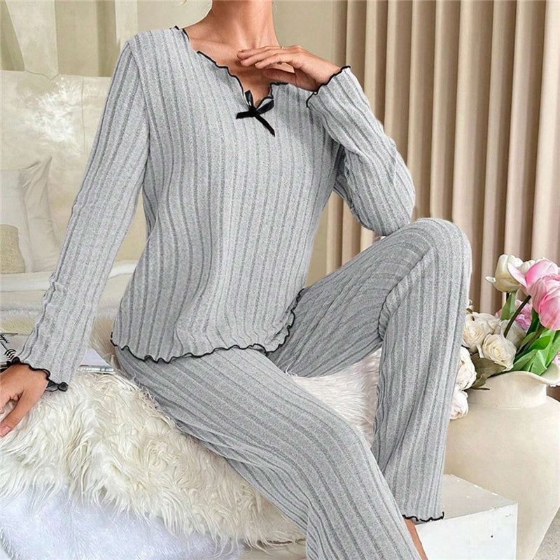 Women Casual Solid Color Wood-Ear Pajamas Longewear Two-Piece Set