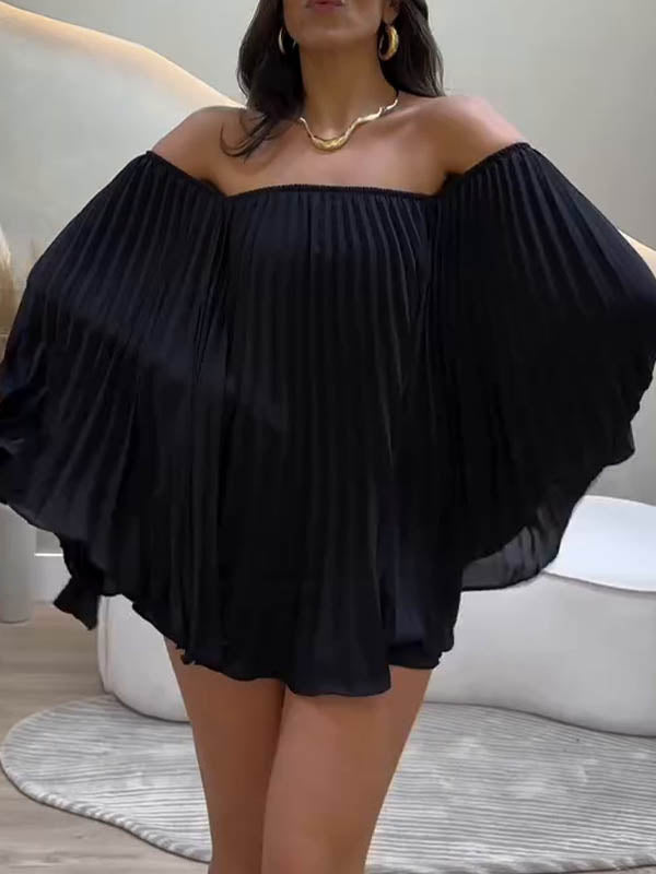 Batwing Sleeves Loose Pleated Solid Color Off-The-Shoulder Shirt Top + Shorts Bottom Two Pieces Set