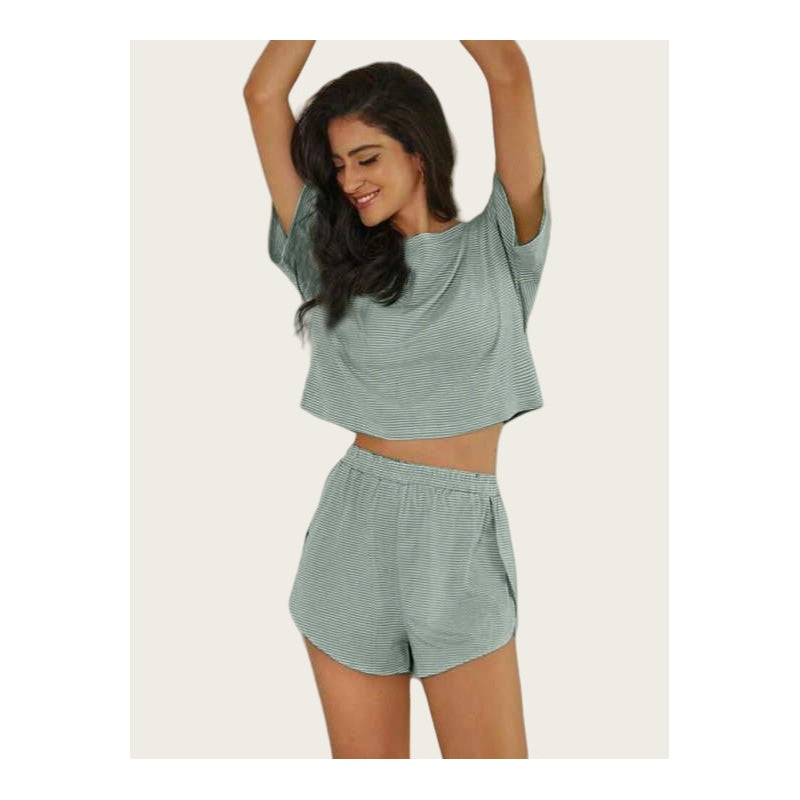 Women Fashion Casual Stripe Short-Sleeve T-Shirt Loose Shorts Pajamas Two-Piece Set
