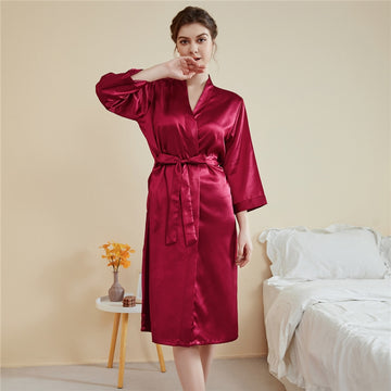 Women Fashion Solid Color Satin Long-Sleeve Lace-Up Loose Pajamas