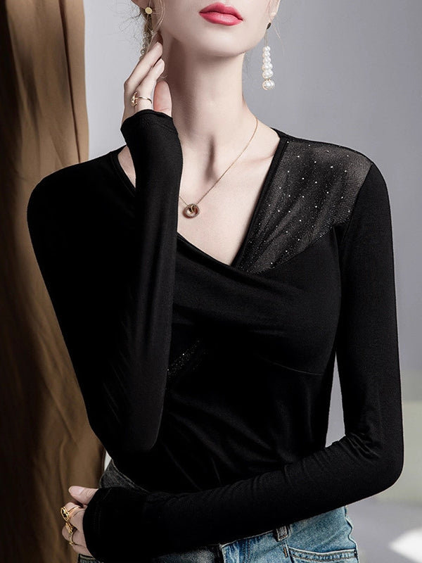 Irregularity Long Sleeves Mesh Slightly Sheer Split-Joint V-Neck T-Shirts