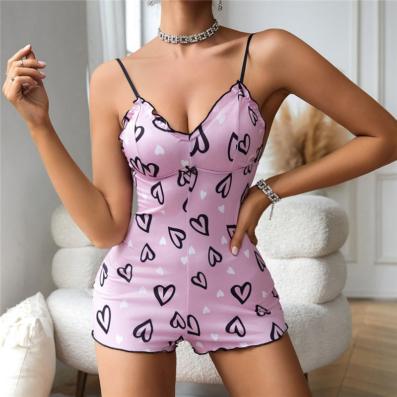 Wiomen Fashion Sexy Love Print V-Neck Spaghetti Strap One-Piece Pajamas