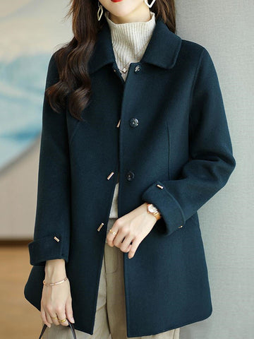 Long Sleeves Loose Buttoned Pockets Solid Color Lapel Woolen Coat