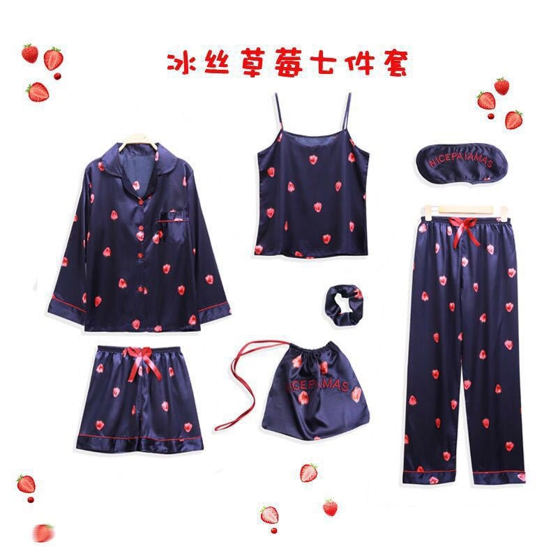 Women Simple Casual Stripe Printed Thin Pajamas Seven-Piece Set
