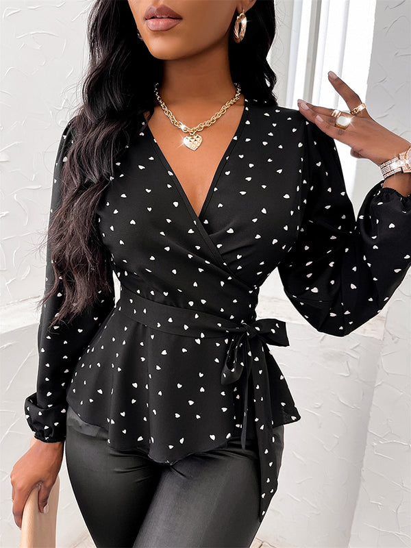 Long Sleeves Puff Sleeves Heart Print Tied Waist Deep V-Neck Blouses&Shirts Tops
