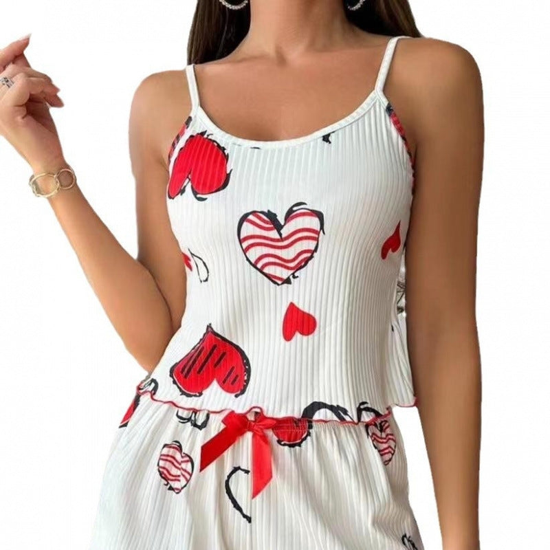 Women Fashion Cute Printed Camisole Loose Shorts Pajamas Two-Piece Set