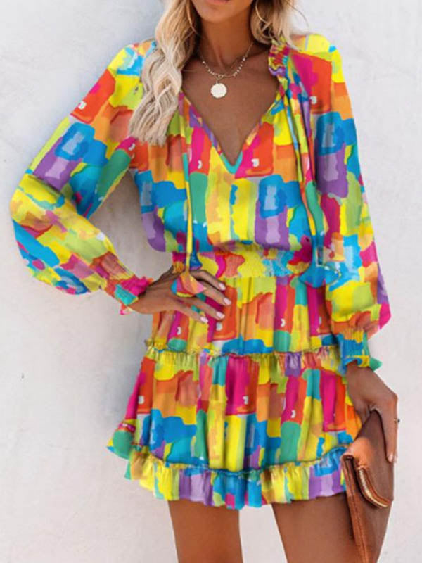 A-Line Long Sleeves Contrast Color Pleated Split-Joint Tied V-Neck Mini Dresses