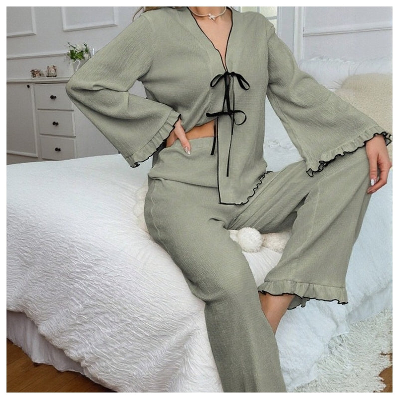 Women Fashion Casual Solid Color Long Sleeve Lace-Up Top Loose Pants Pajamas Two-Piece Set