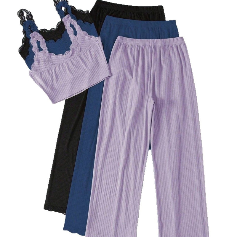 Women Fashion Solid Color Lace-Trimmed Crop Top Loose Pants Pajamas Two-Piece Set