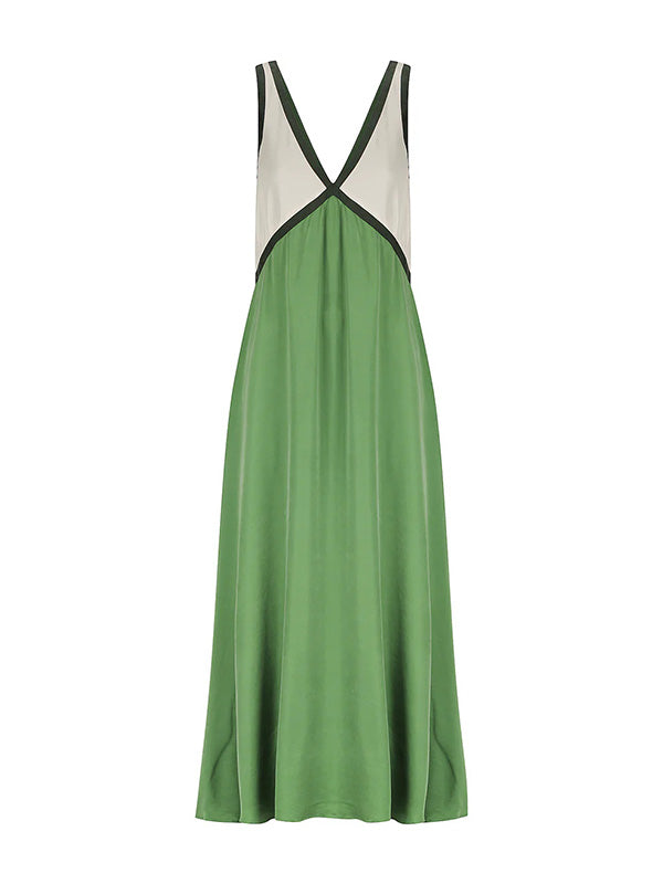 Loose Sleeveless Contrast Color Split-Joint Deep V-Neck Maxi Dresses