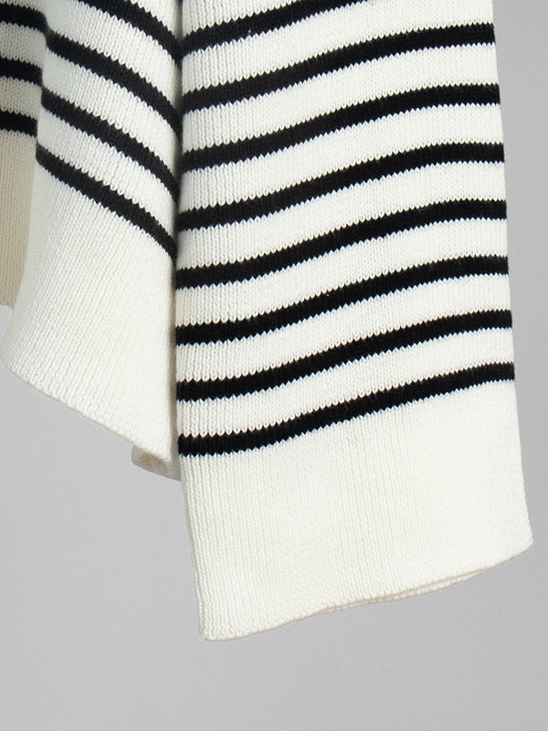 Long Sleeves Loose Split-Joint Striped Lapel Sweater Tops