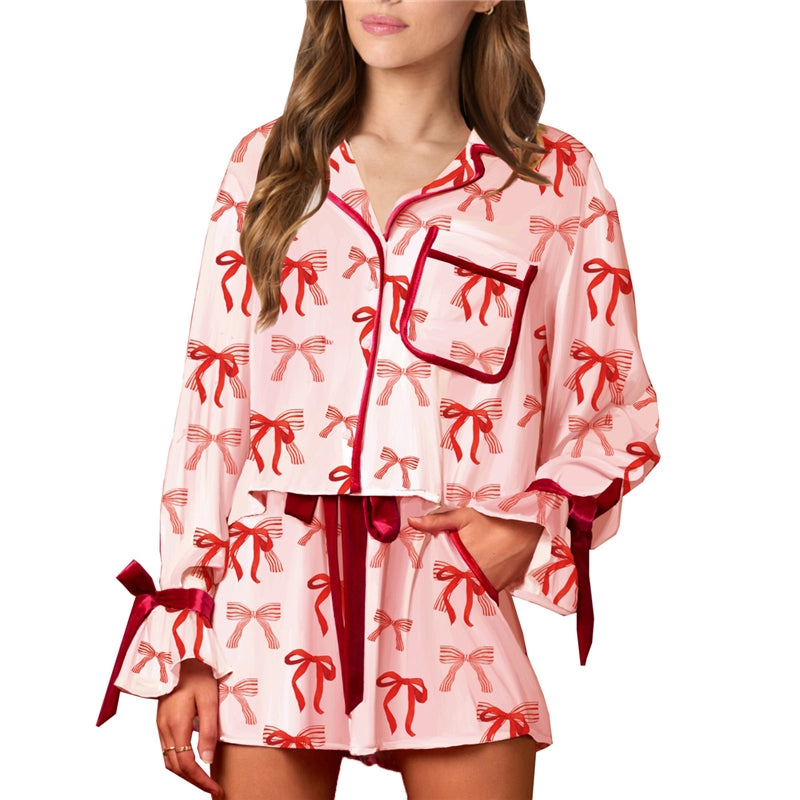 Women Fashion Casual Printed Loose Lapel Long-Sleeve Lace-Up Shorts Pajamas Two-Piece Set