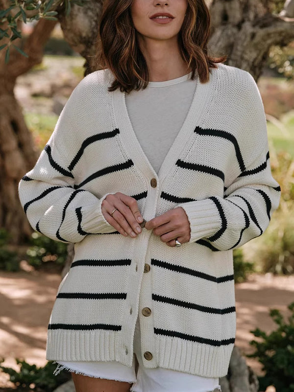 Long Sleeves Loose Split-Joint Striped V-Neck Cardigan Tops