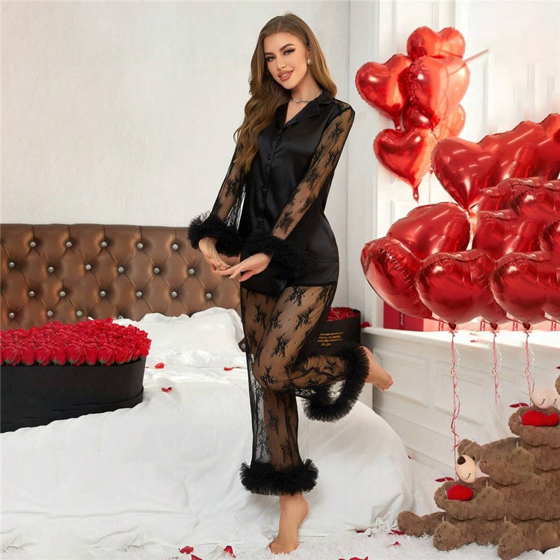 Women Fashion Sexy Mesh Plush Long Sleeve Top Loose Pants Pajamas Two-Piece Set