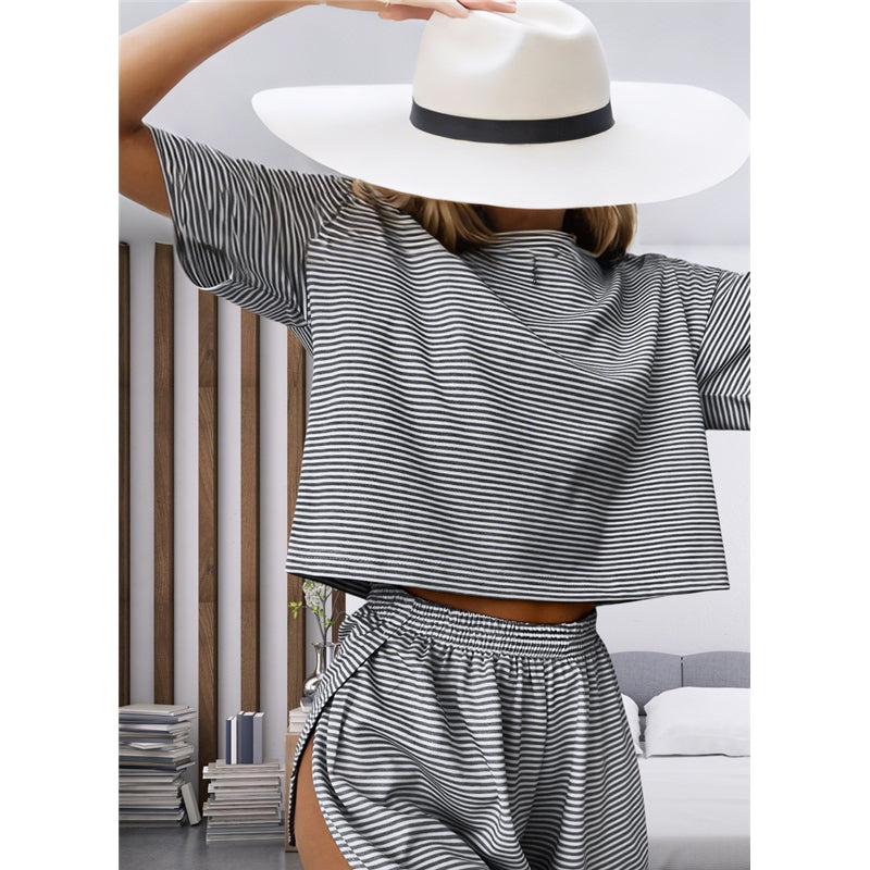 Women Fashion Casual Stripe Short-Sleeve T-Shirt Loose Shorts Pajamas Two-Piece Set