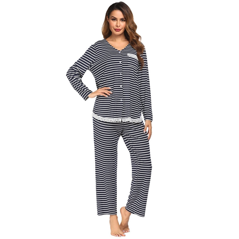 Women Fashion Causal Lace Stitching V-Neck Long Sleeve Top Loose Pants Pajamas Set