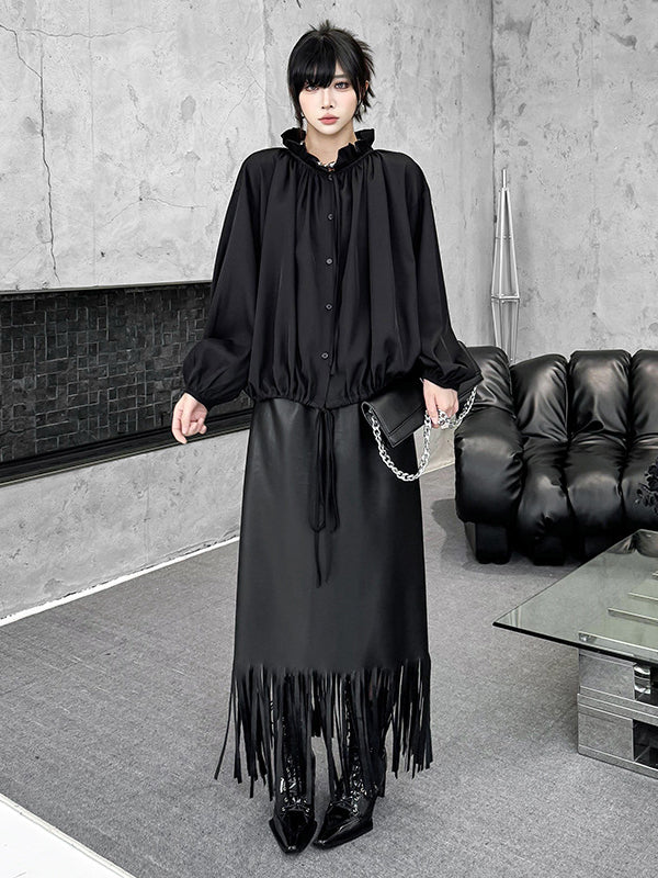 Long Sleeves Loose Drawstring Pleated Pullover Design Solid Color Lace Collar Blouses&Shirts Tops