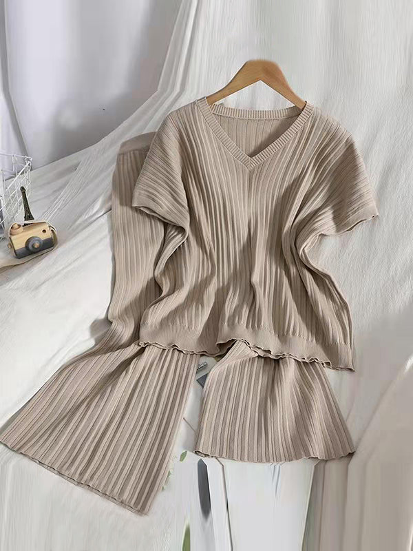 Loose Knitting Raglan Sleeve Solid Color V-Neck Sweater Top + Pants Two Pieces Set