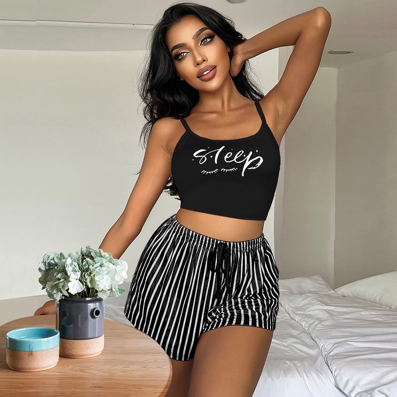 Women Fashion Sexy Letter Printed Camisole Loose Stripe Drawstring Shorts Pajamas Two-Piece Set