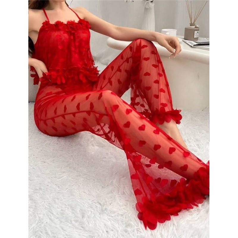 Women Fashion Sexy Solid Color Love Lace Perspective Camisole Loose Pants Pajamas Two-Piece Set