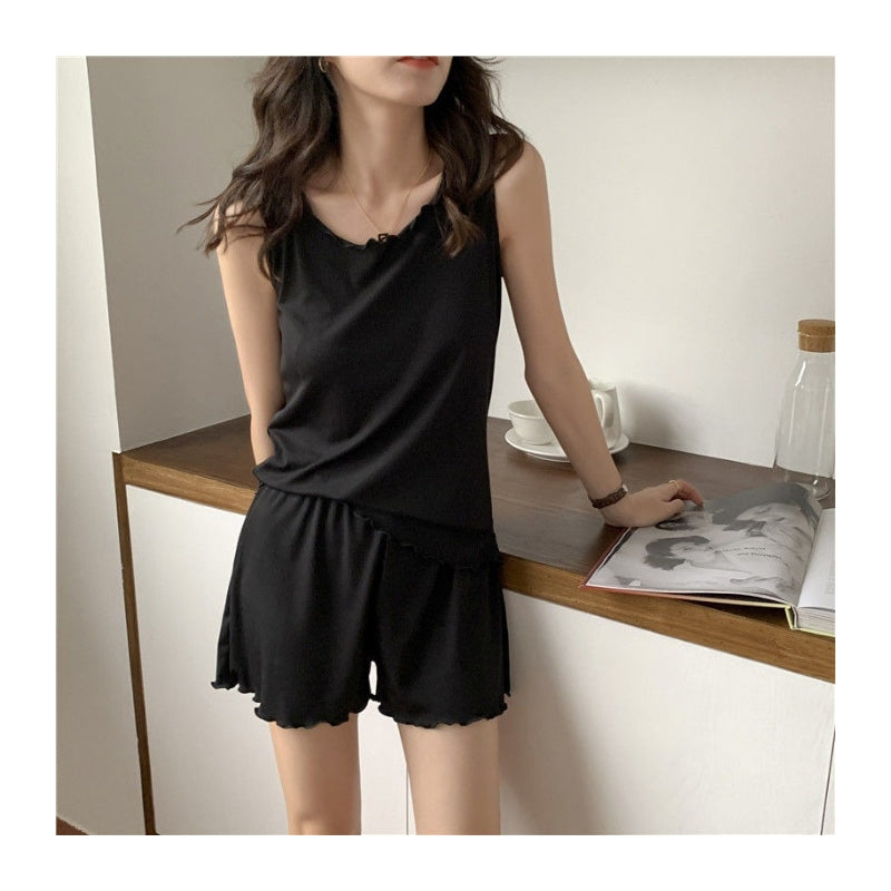 Women Fashion Casual Solid Color Ice Silk Sleeveless Tank Top Loose Shorts Pajamas Two-Piece Set
