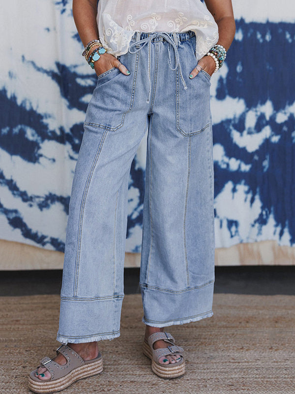 High Waisted Loose Drawstring Fringed Pockets Solid Color Jean Pants Bottoms