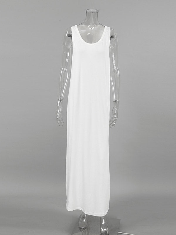Loose Sleeveless See-Through Solid Color Split-Joint U-Neck Maxi Dresses