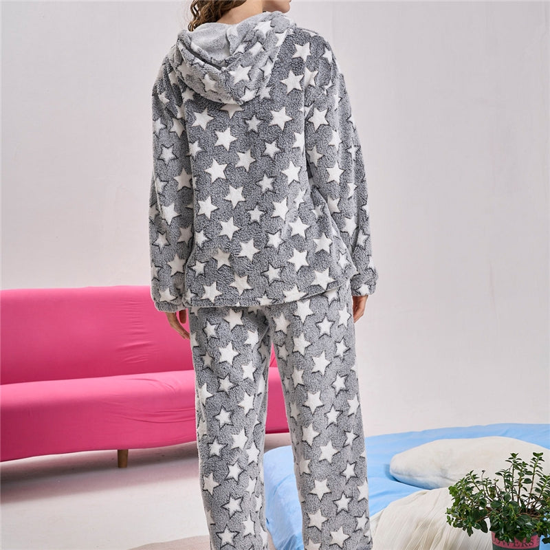 Women Fashion Casual Autumn And Winter Fleece Star Printed Zipper Long Sleeve Hoodies Loose Pants Pajamas Two-Piece Set