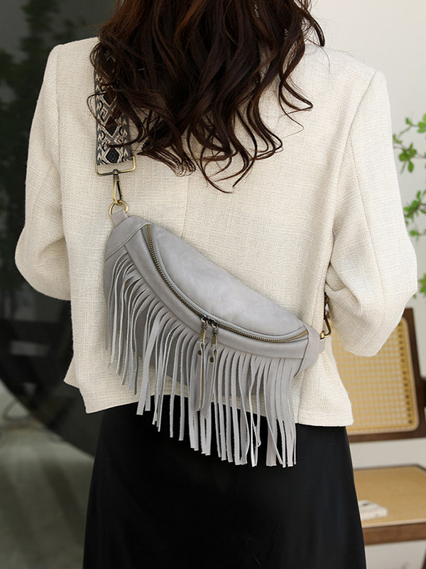 Geometric Tasseled Zipper Crossbody Bags