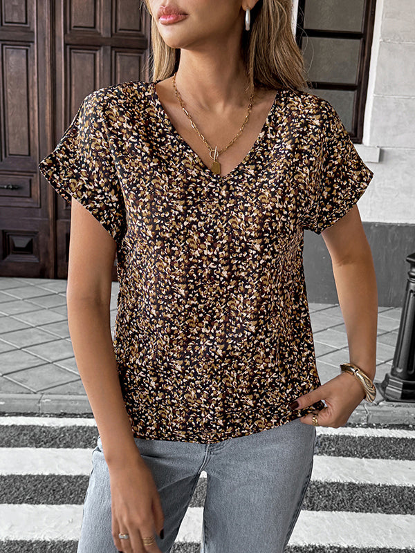 Loose Short Sleeves Contrast Color V-Neck Blouses&Shirts Tops