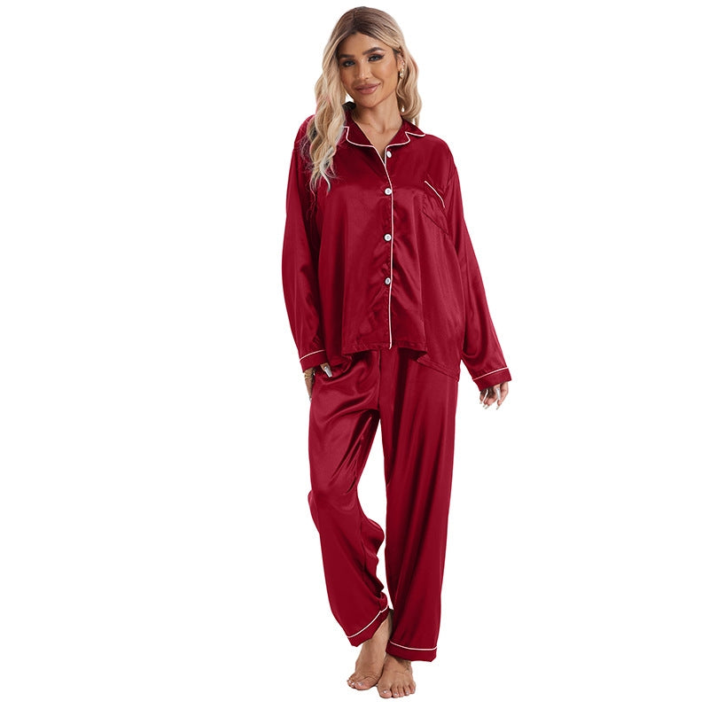 Women Simple Casual Lapel Ice Silk Long-Sleeved Pajamas Set
