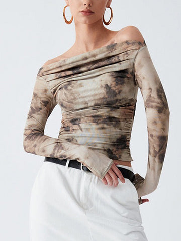 Long Sleeves Skinny Pleated Split-Joint Tie Dye Off-The-Shoulder T-Shirts Tops