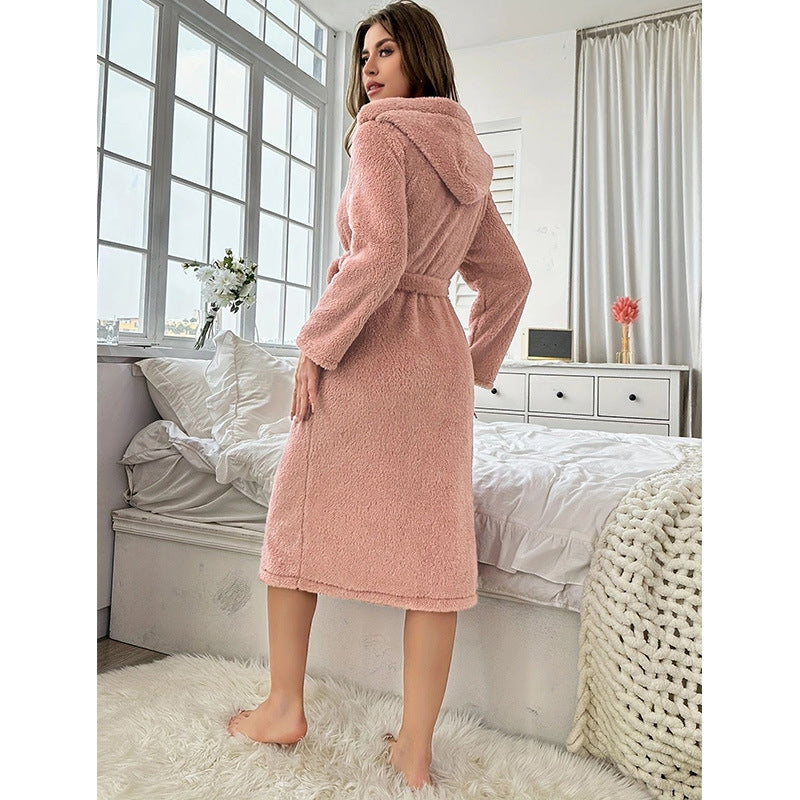 Women Fashion Casual Autumn And Winter Velvet Long-Sleeve Lace-Up Loose Warm Hoodies Pajamas