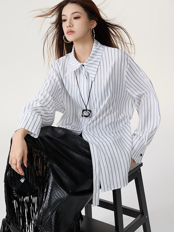 Long Sleeves Loose Striped Lapel Collar Blouses&Shirts Tops