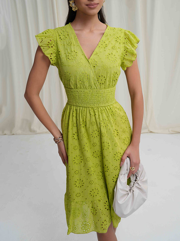 A-Line Loose Elasticity Hollow Pleated Solid Color V-Neck Mini Dresses