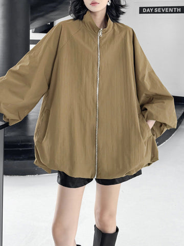 A-Line Long Sleeves Buttoned Solid Color Zipper Stand Collar Outerwear Windbreakers