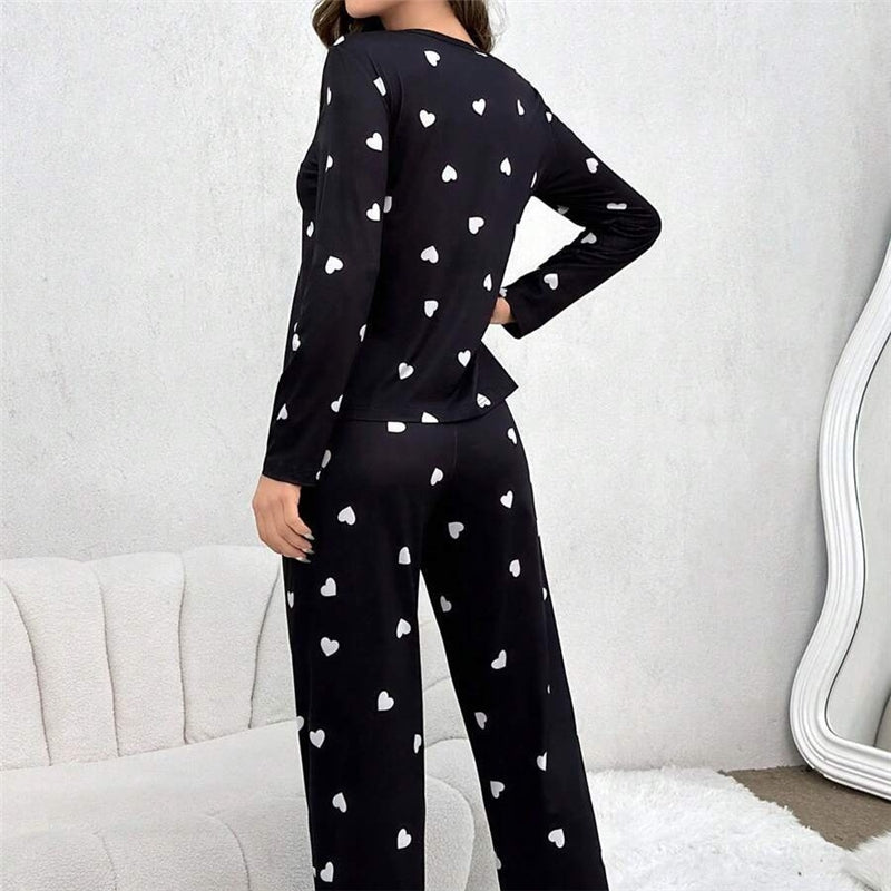 Women Casual Heart Print Pajamas Longewear Two-Piece Set