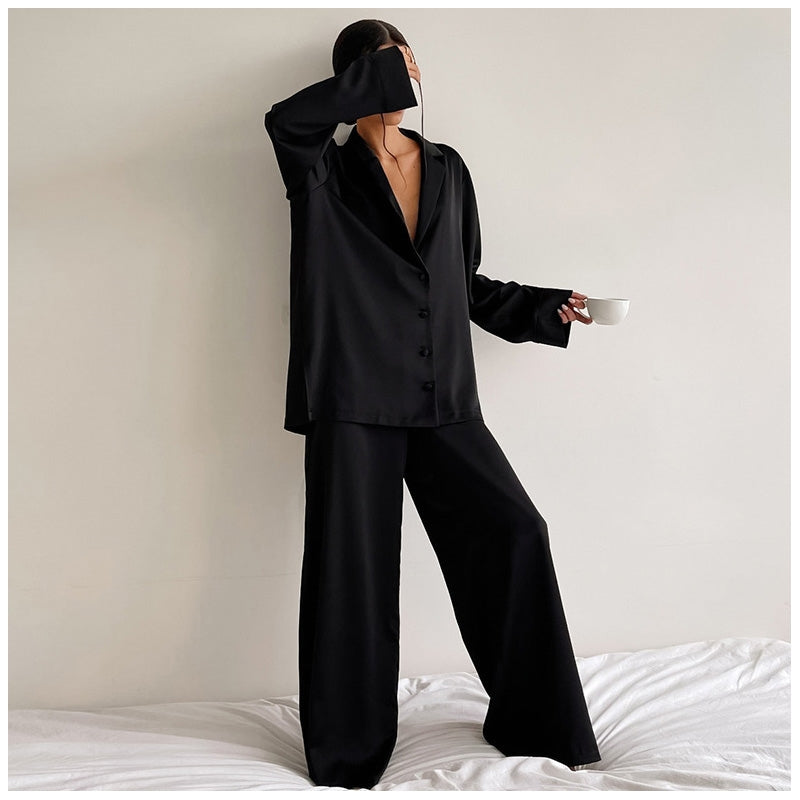 Women Fashion Casual Solid Color Ice Silk Lapel Long-Sleeve Loose Pants Pajamas Two-Piece Set