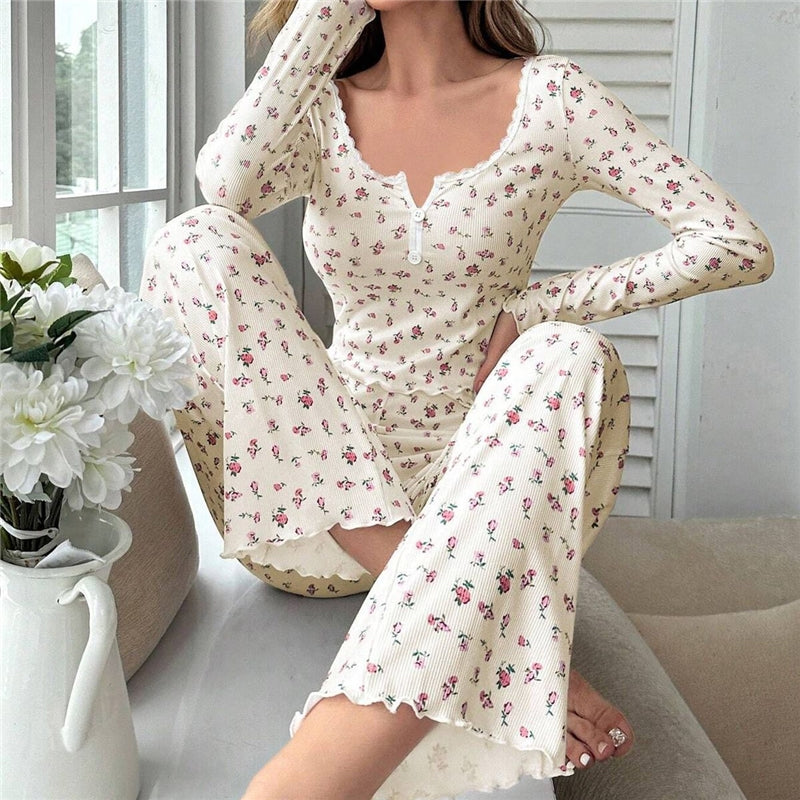 Women Fashion Casual Floral Printed Long Sleeve Top Slim-Fit Pants Pajamas Two-Piece Set