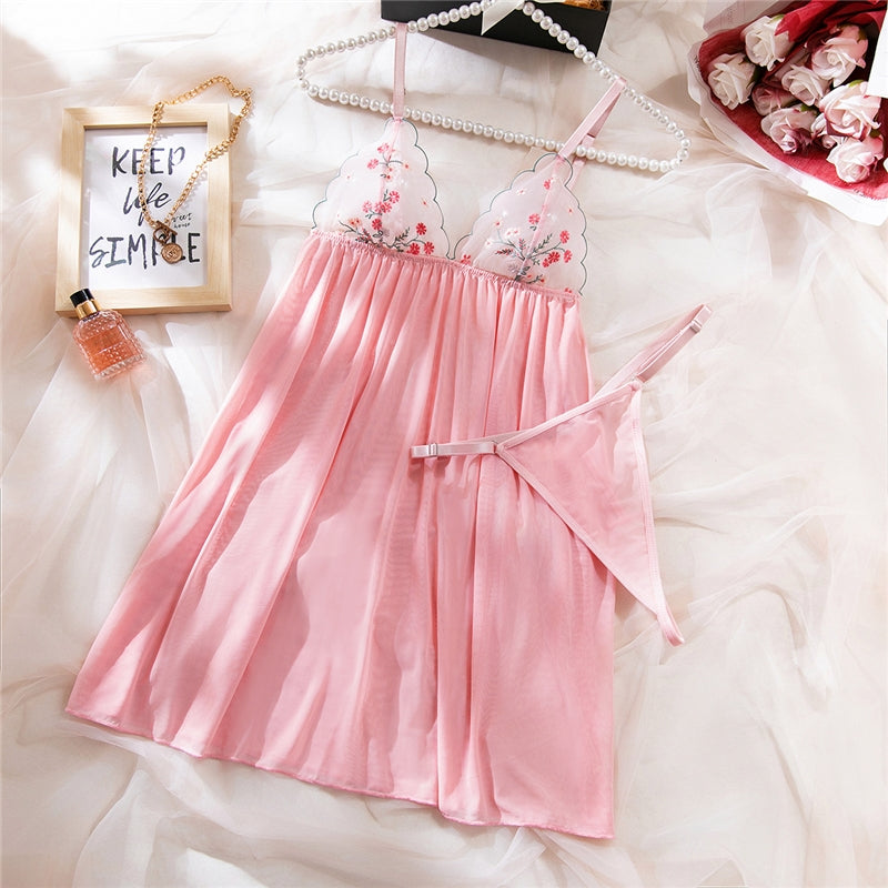 Women Fashion Sexy Pink Embroidered Spaghetti Strap Pajamas Set