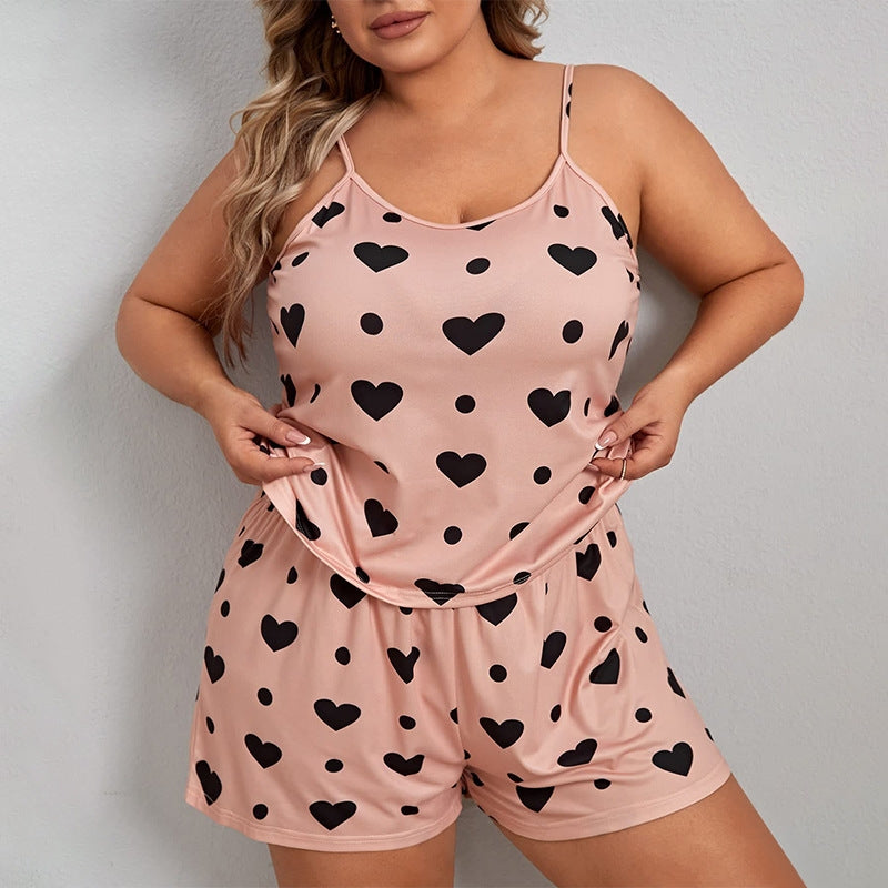 Women Plus Size Fashion Heart Print Pajamas Two-Piece Set
