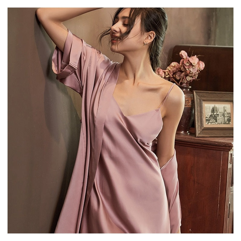 Women Sexy Solid Color Nightdress And Robe Pajamas Two-Piece Set