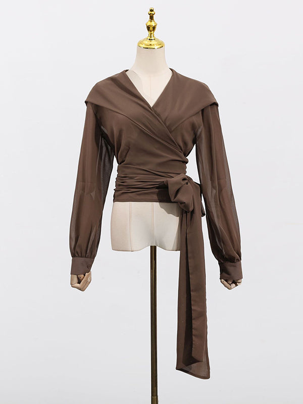 Long Sleeves Loose Pleated See-Through Solid Color Tied Waist Hooded Blouses&Shirts Tops