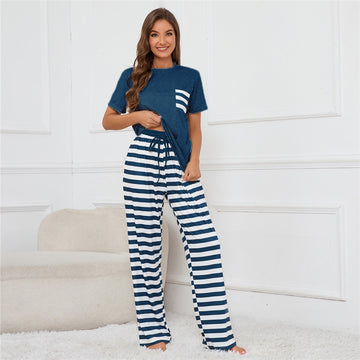 Women Fashion Casual Round Neck Short Sleeve T-Shirt Stripe Loose Pants Pajamas Two-Piece Set