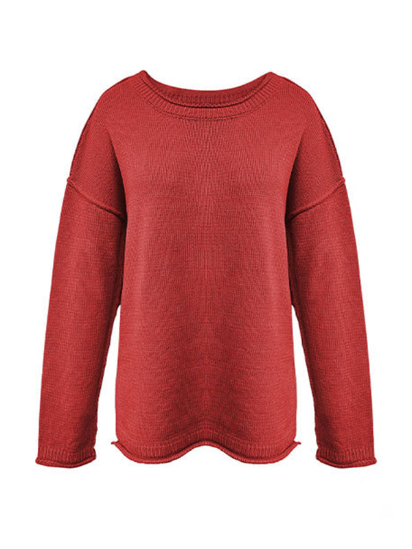 Long Sleeves Loose Solid Color Split-Joint Round-Neck Sweater Tops