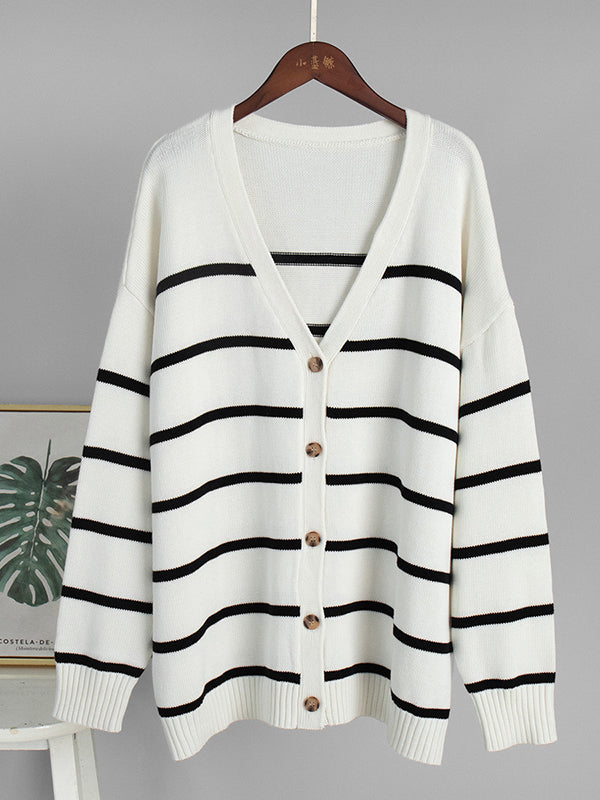 Long Sleeves Loose Split-Joint Striped V-Neck Cardigan Tops
