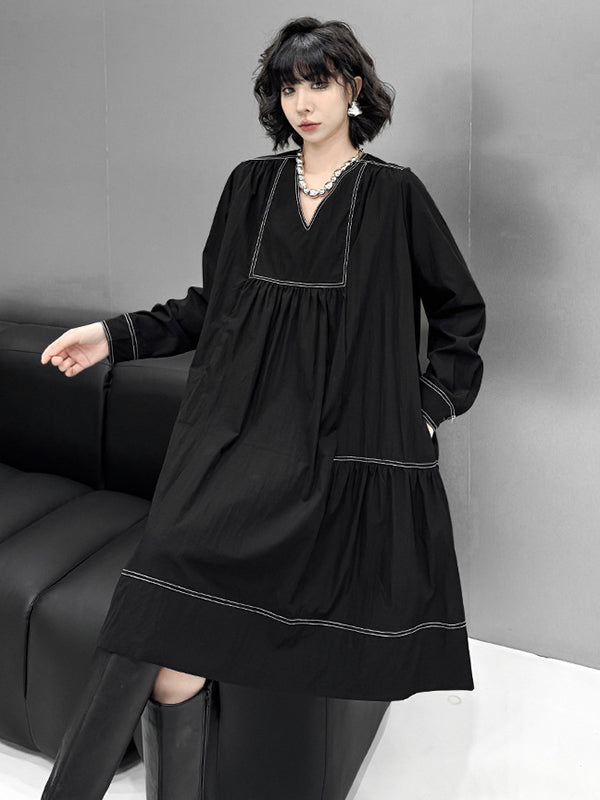 A-Line Long Sleeves Comfort Contrast Color Pleated V-Neck Mini Dresses