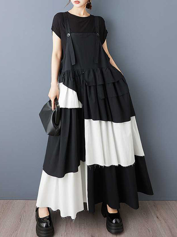 A-Line Loose Asymmetric Buttoned Pleated Spaghetti-Neck Maxi Dresses Suspender Dress